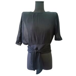 Love University Black Pleated Sheer Blouse with Tie Waist